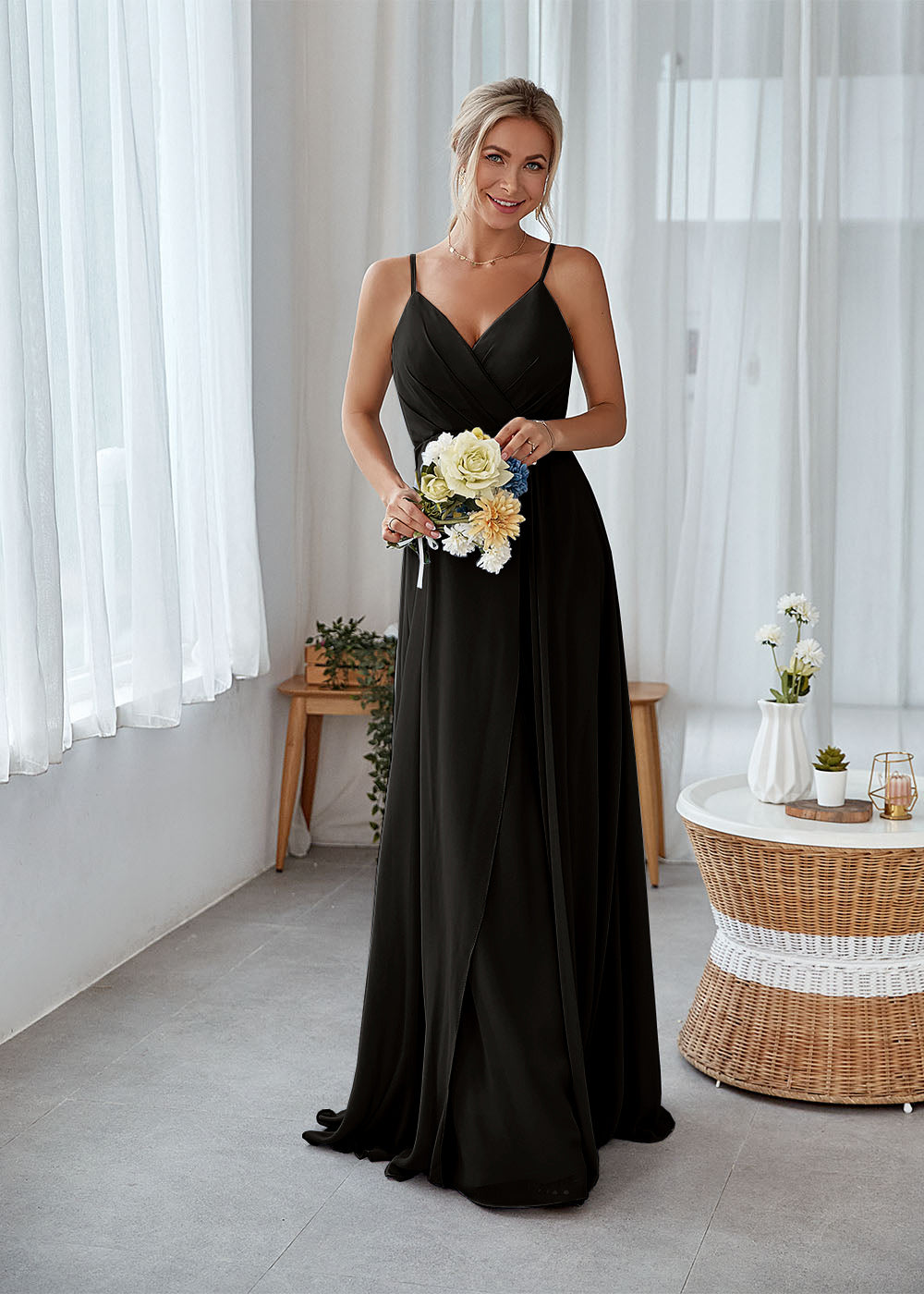 A-line Slip V-neck Long Chiffon Bridesmaid Dress Wedding Party Dress – Leely