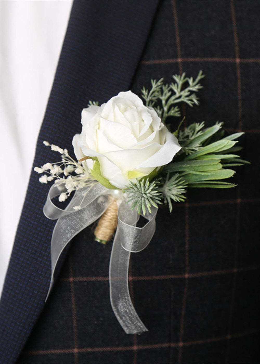 Dusty Blue White Boutonniere and Wrist Corsage