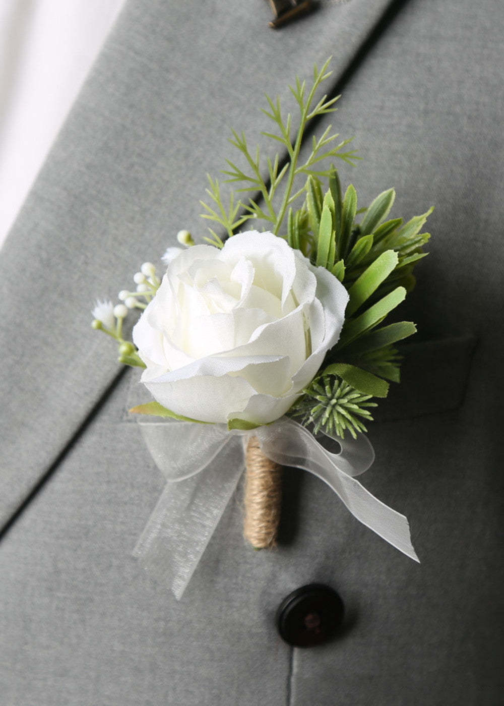 Dusty Blue White Boutonniere and Wrist Corsage