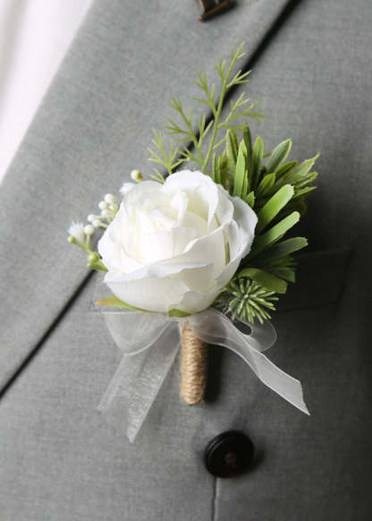 Dusty Blue White Boutonniere and Wrist Corsage