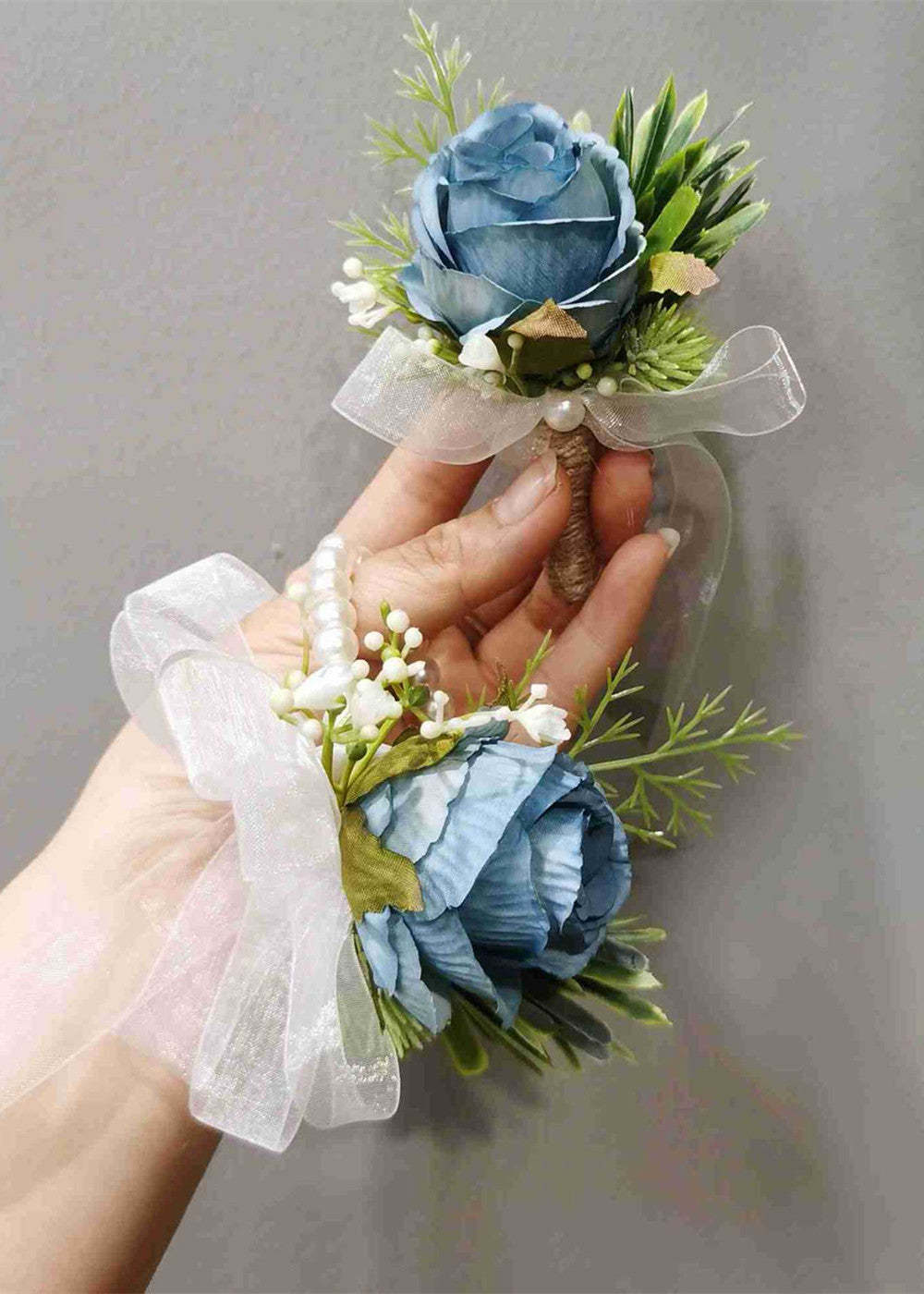 Dusty Blue White Boutonniere and Wrist Corsage