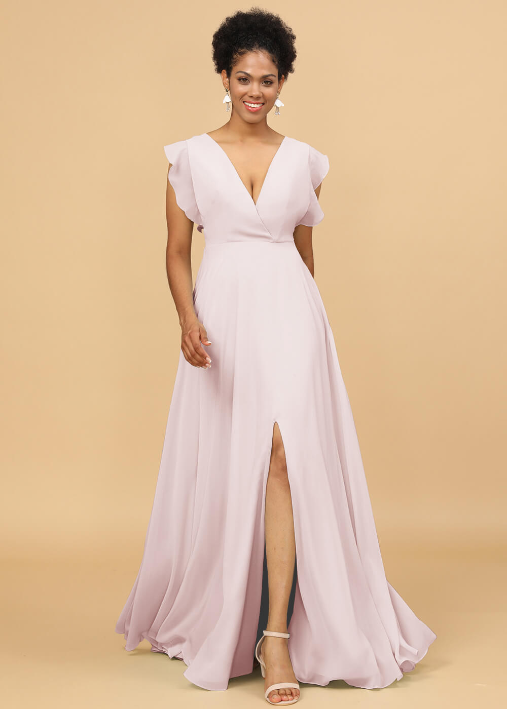 V-neck Ruffles Cap Sleeve Chiffon Bridesmaid Dress