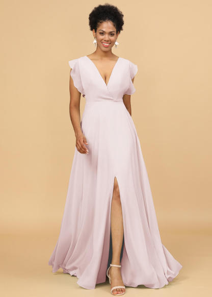 V-neck Ruffles Cap Sleeve Chiffon Bridesmaid Dress