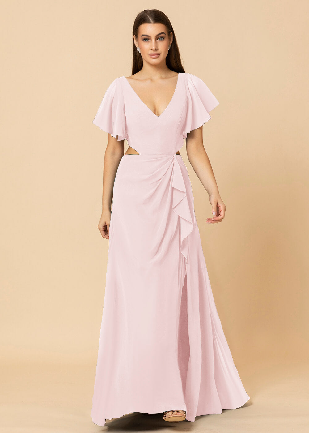 V-neck Waist Cut Out  Floor Length Bridesmaid Dress