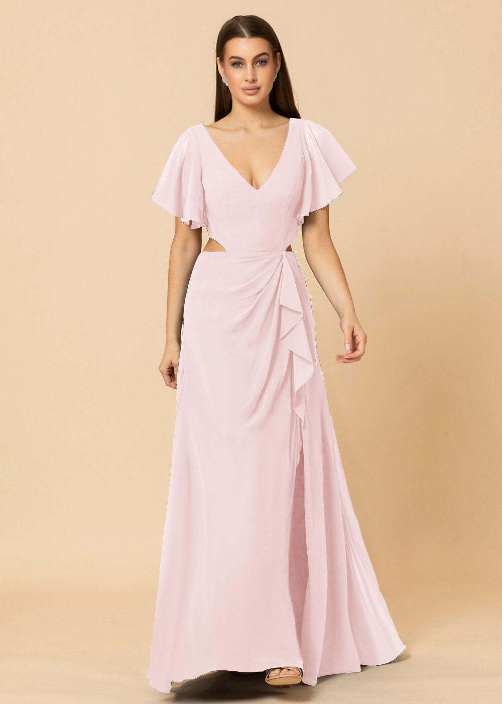 V-neck Waist Cut Out Floor Length Bridesmaid Dress