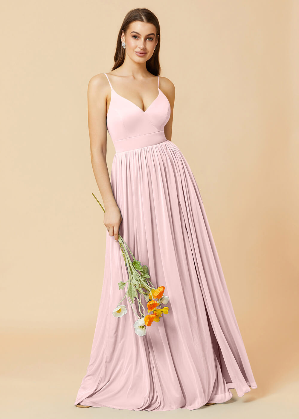 V-neck Spaghetti Strap Open Back Chiffon Bridesmaid Dress