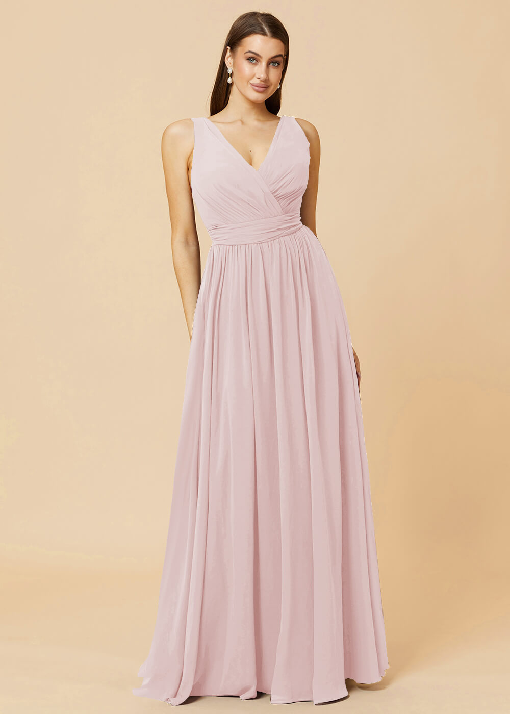 V-neck Pleated Tie Back Chiffon Bridesmaid Dress
