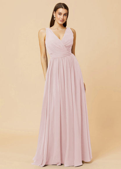 V-neck Pleated Tie Back Chiffon Bridesmaid Dress