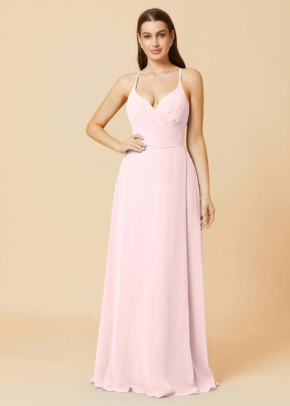 V-neck Spaghetti Strap Button Back Chiffon Bridesmaid Dress