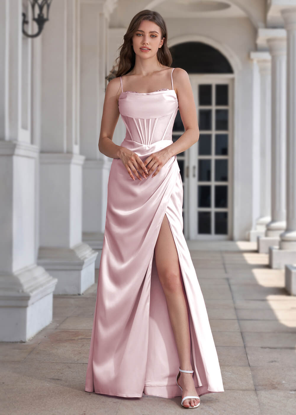 Spaghetti Strap Corset Crepe Sheath Floor Length Bridesmaid Dress