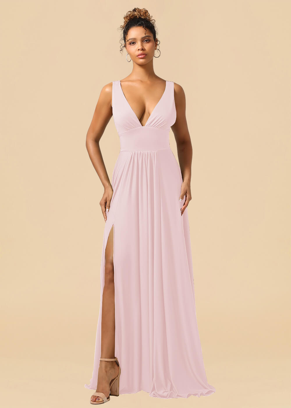 Deep V-neck Spandex A-line Maxi Bridesmaid Dress with Slit