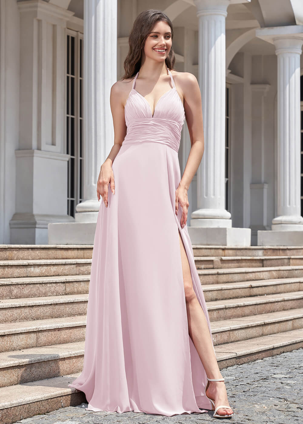 Deep V Halter Neck Pleated A-line Chiffon Long Bridesmaid Dress