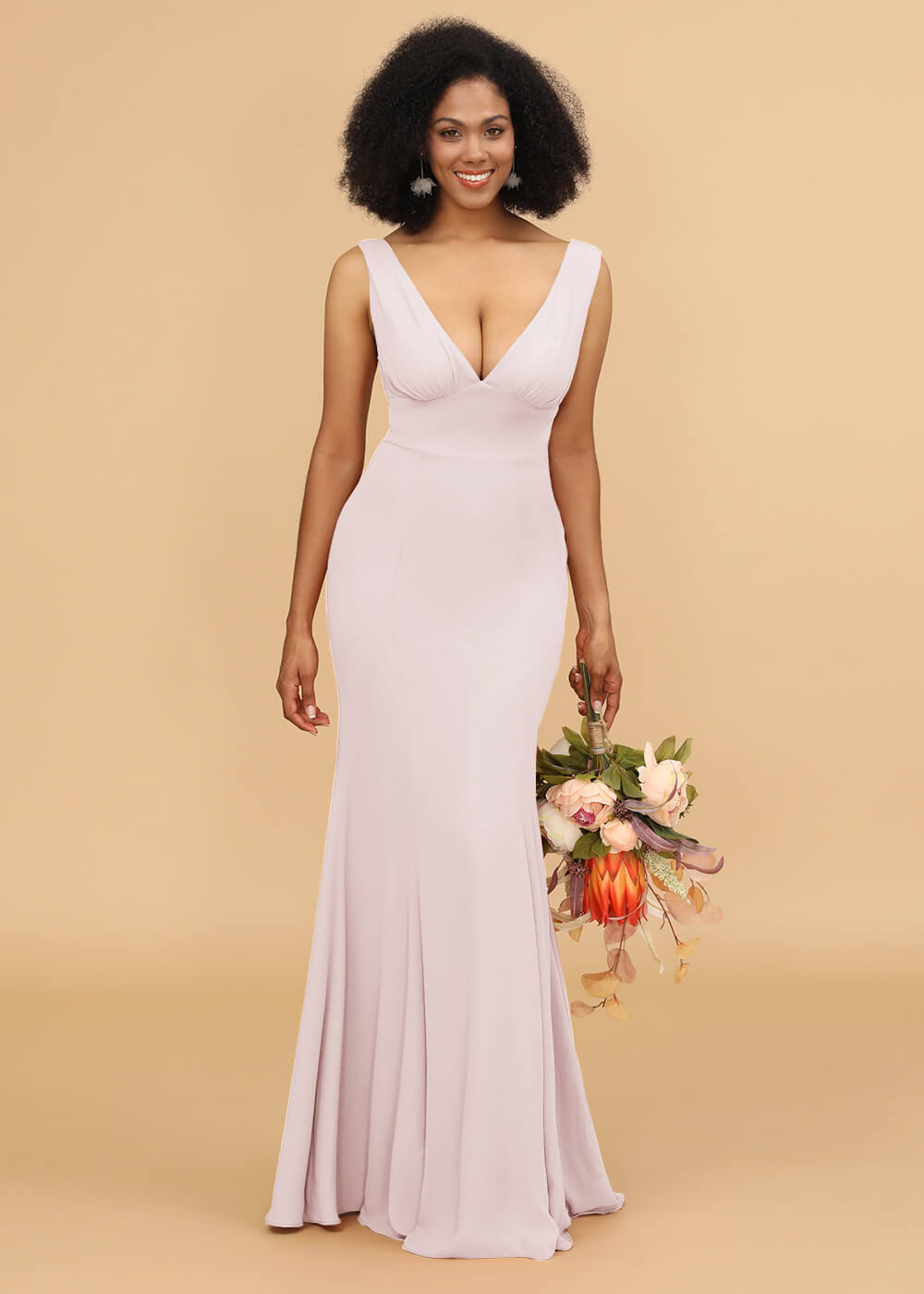 V-neck Trumpet Long Bridesmaid Dress