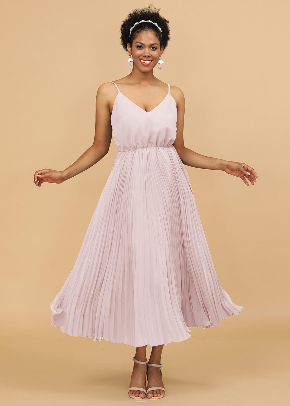 V-neck Spaghetti Strap Tea Length Bridesmaid Dress