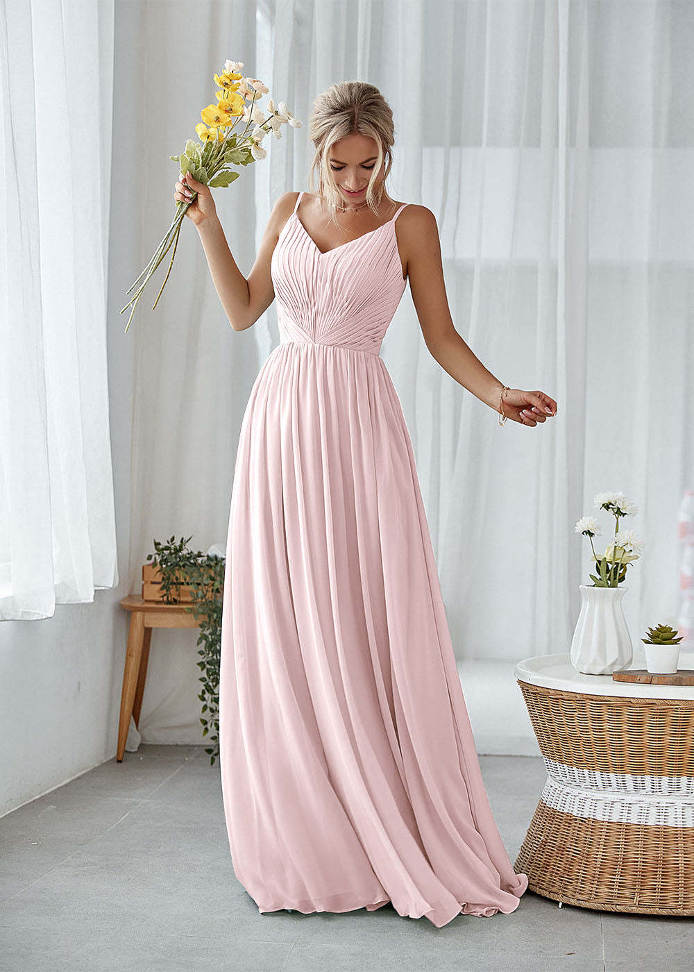 A-line V-neck Pleated Bridesmaid Dress