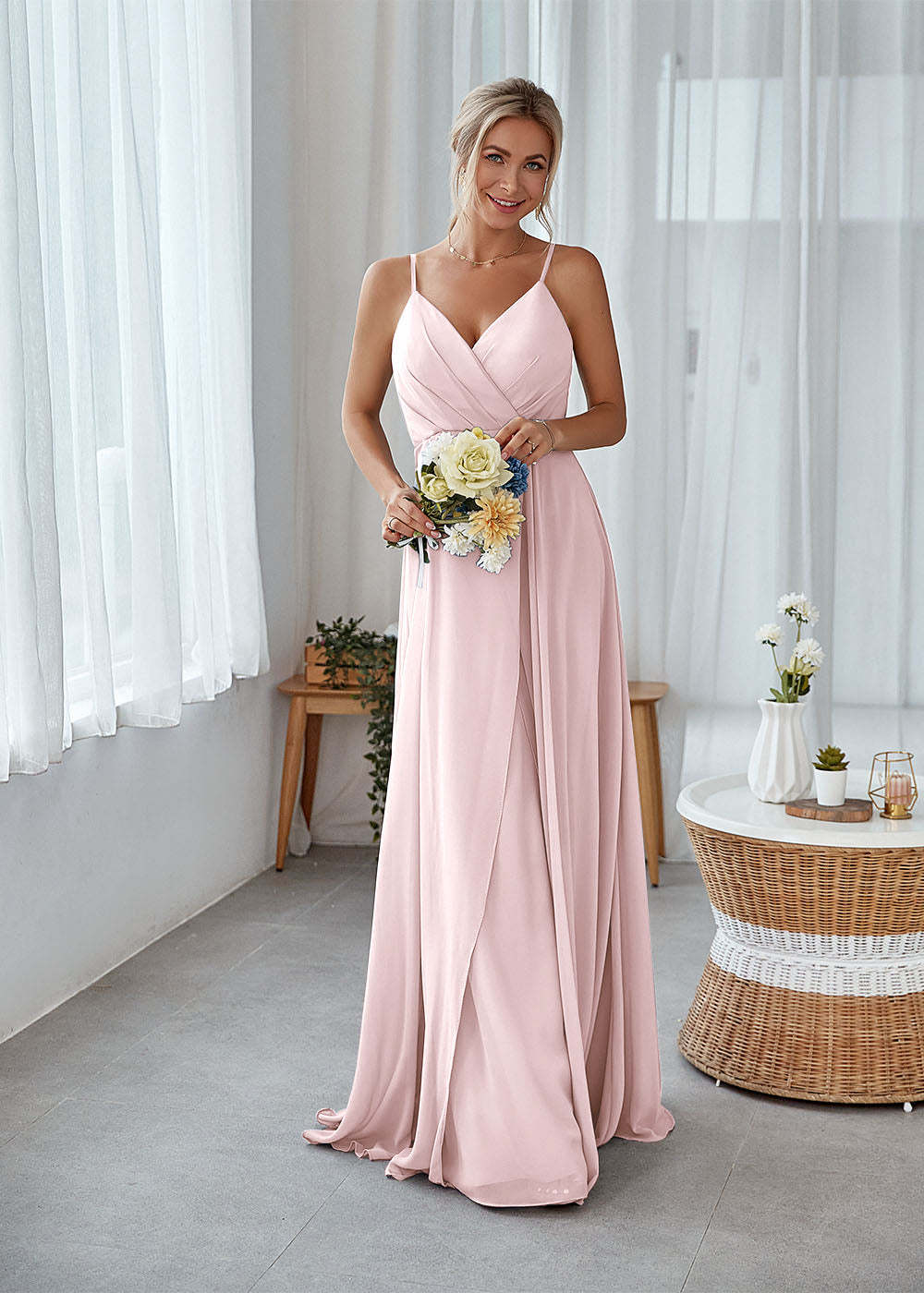 A-line Sleeveless Long Chiffon Bridesmaid Dress