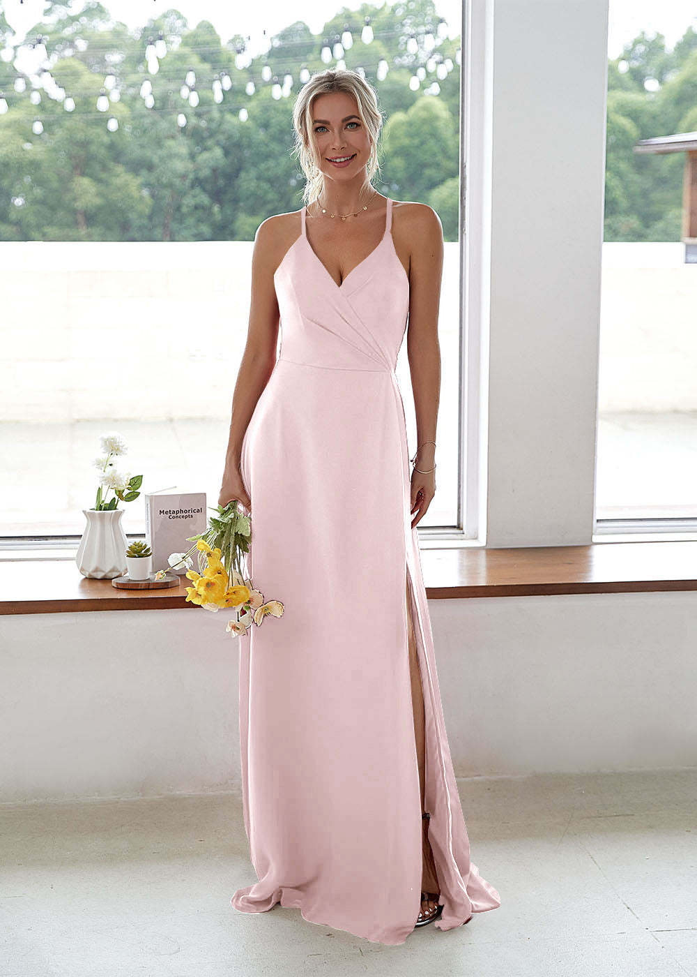 V-neck High Slit Bridesmaid Dress