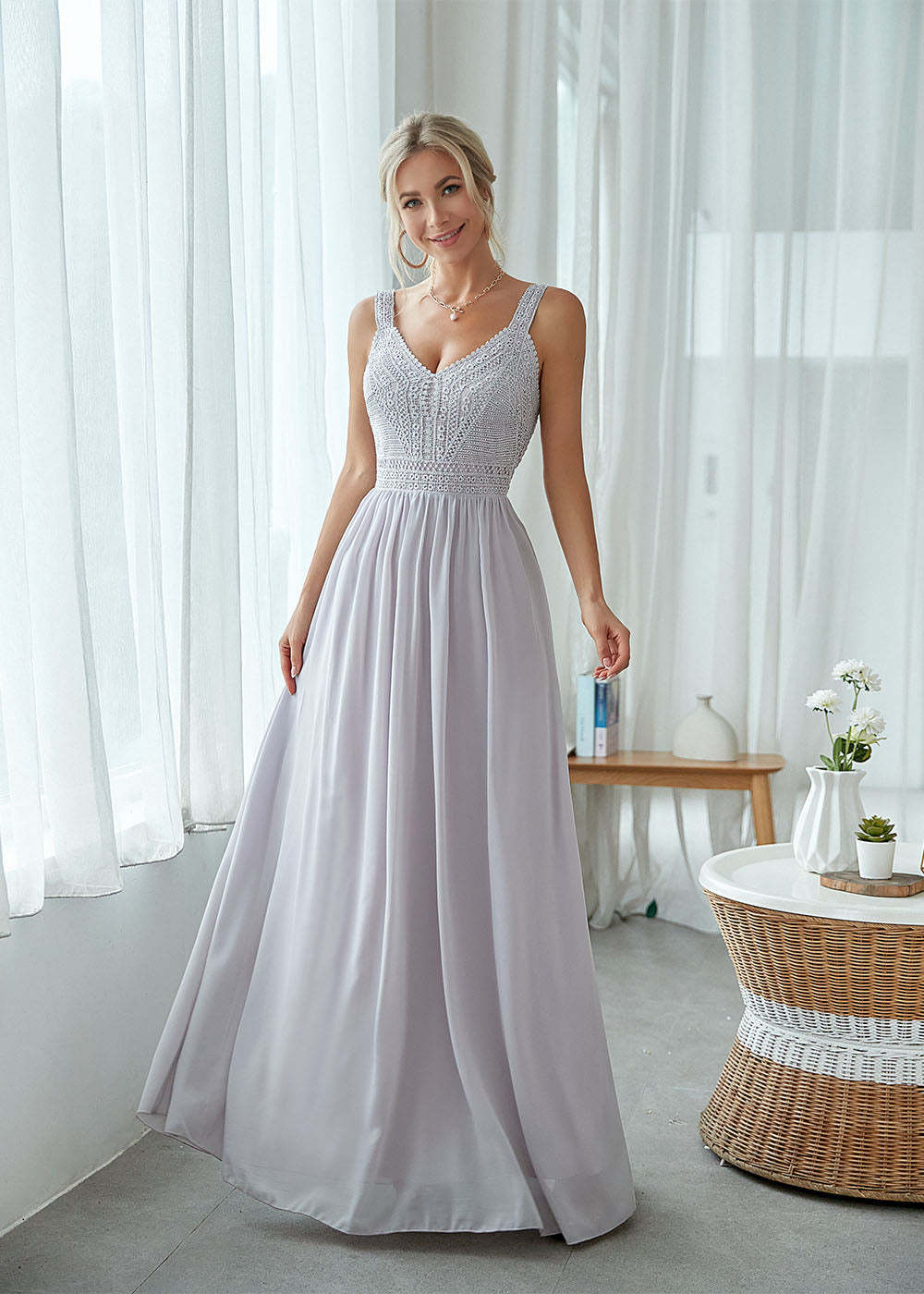 Chiffon V-neck A-line Straps Maxi Dress with Lace Bridesmaid Dress