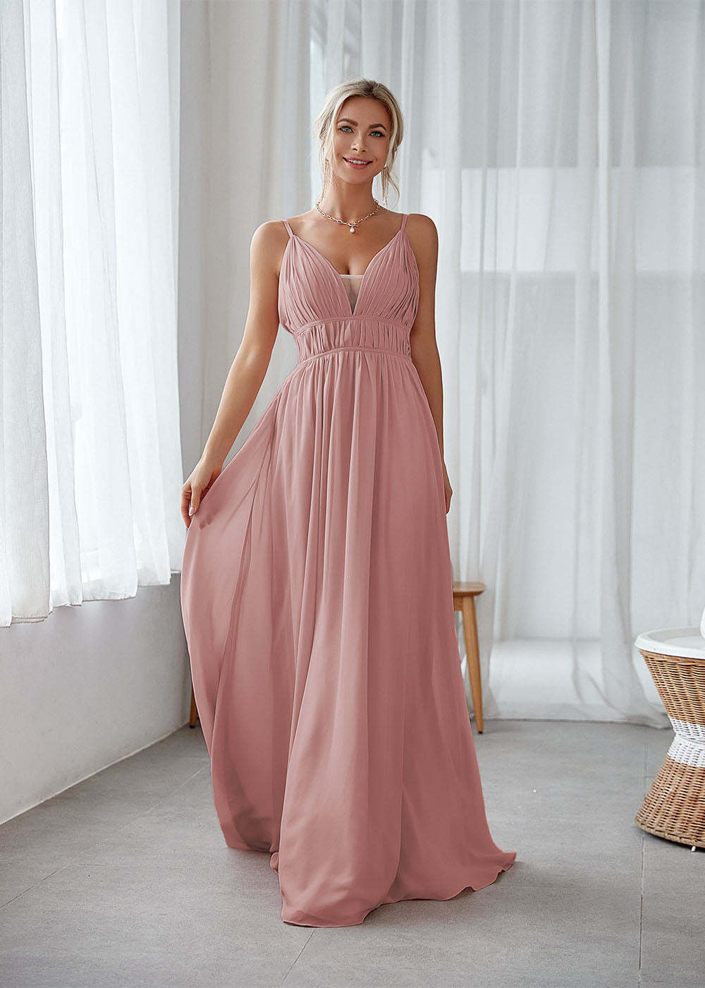 Adjustable Straps V-neck Backless Pleated A-line Maxi Bridesmaid Dress