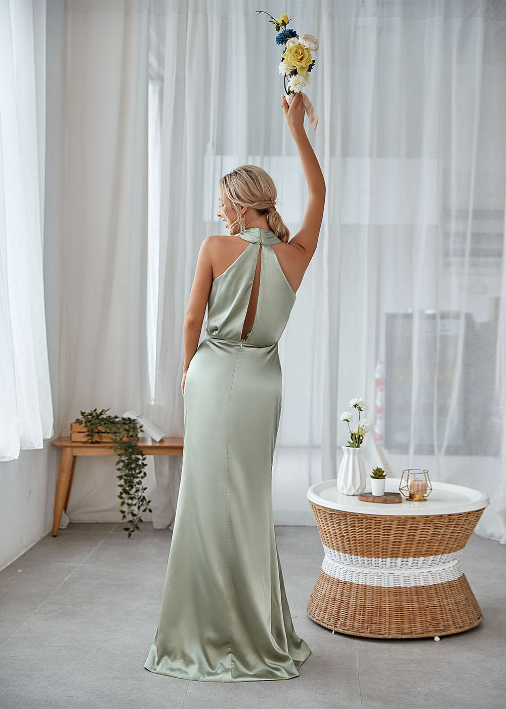 Leely Women Sage Green Halter Sheath Luxe Satin Maxi Party