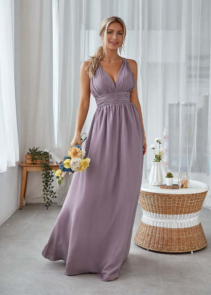 Satin Long V-neck A-line Backless Maxi Bridesmaid Dress