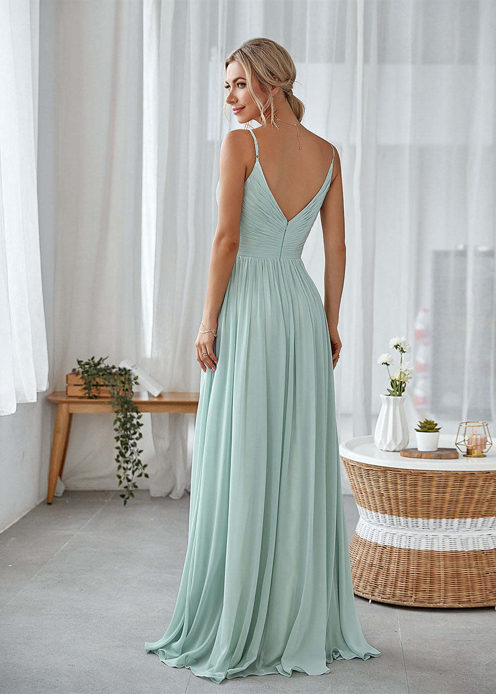 A-line V-neck Pleated Bridesmaid Dress