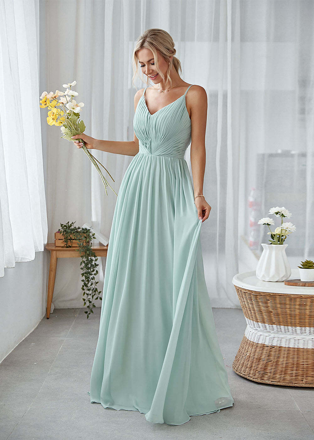 A-line V-neck Pleated Bridesmaid Dress