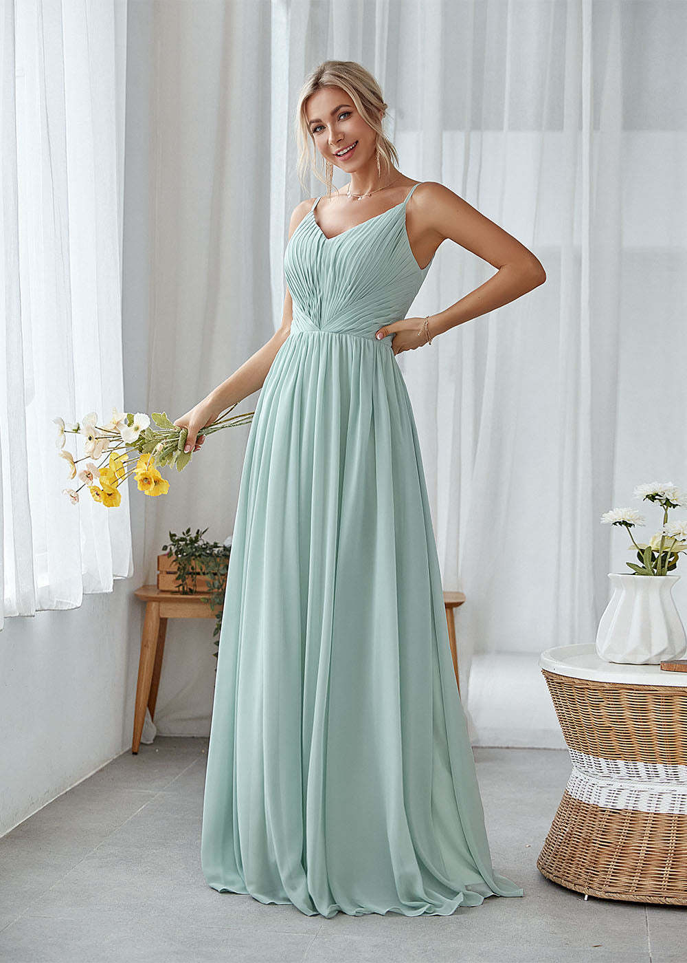 A-line V-neck Pleated Bridesmaid Dress