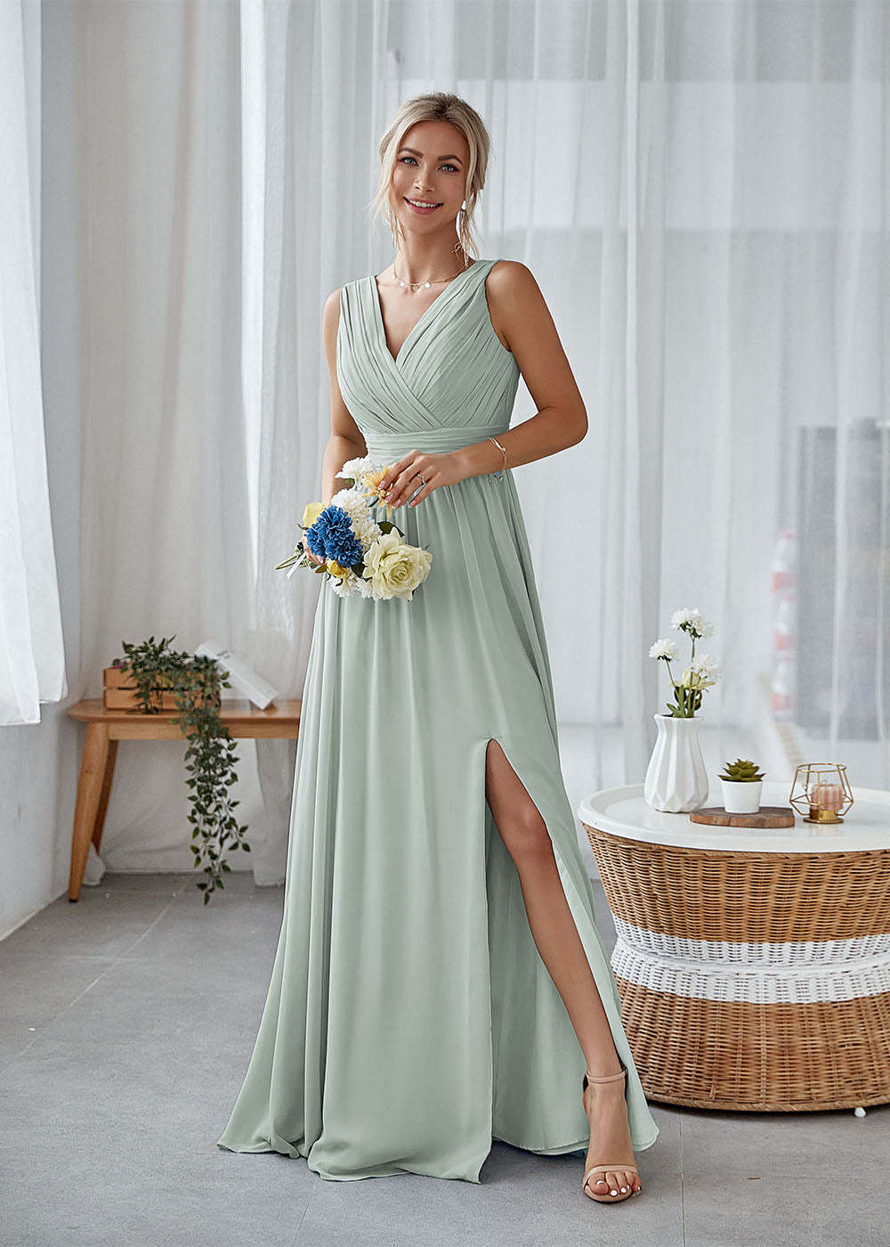 Chiffon V-neck A-line Long Bridesmaid Dress with Split