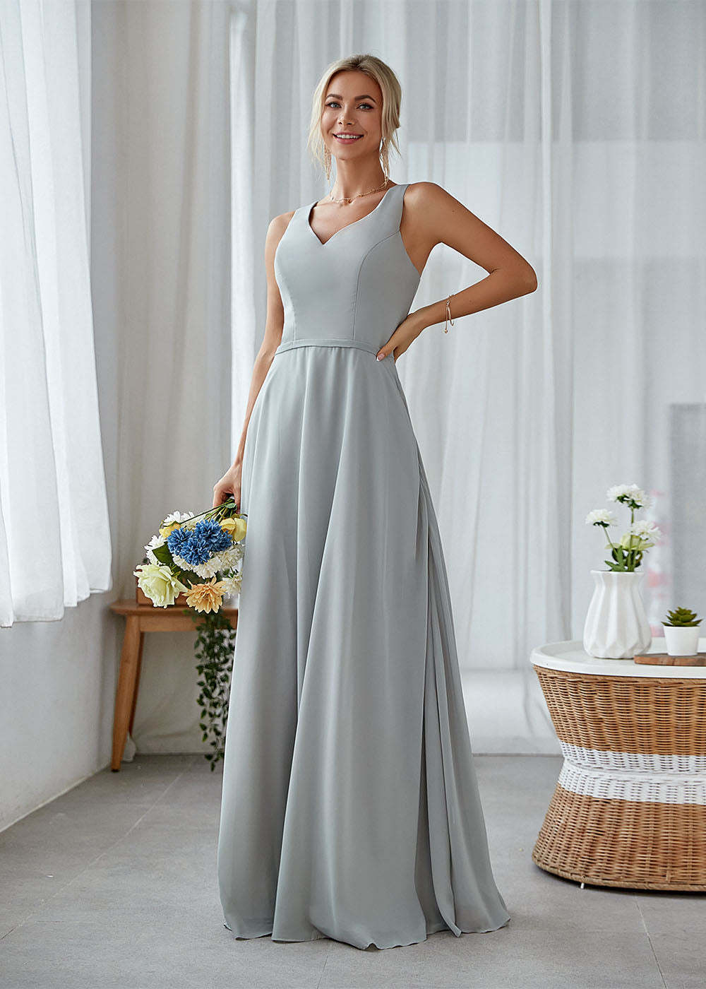 Chiffon V-neck Lace-Up Back Simple Maxi Bridesmaid Dress with Pockets