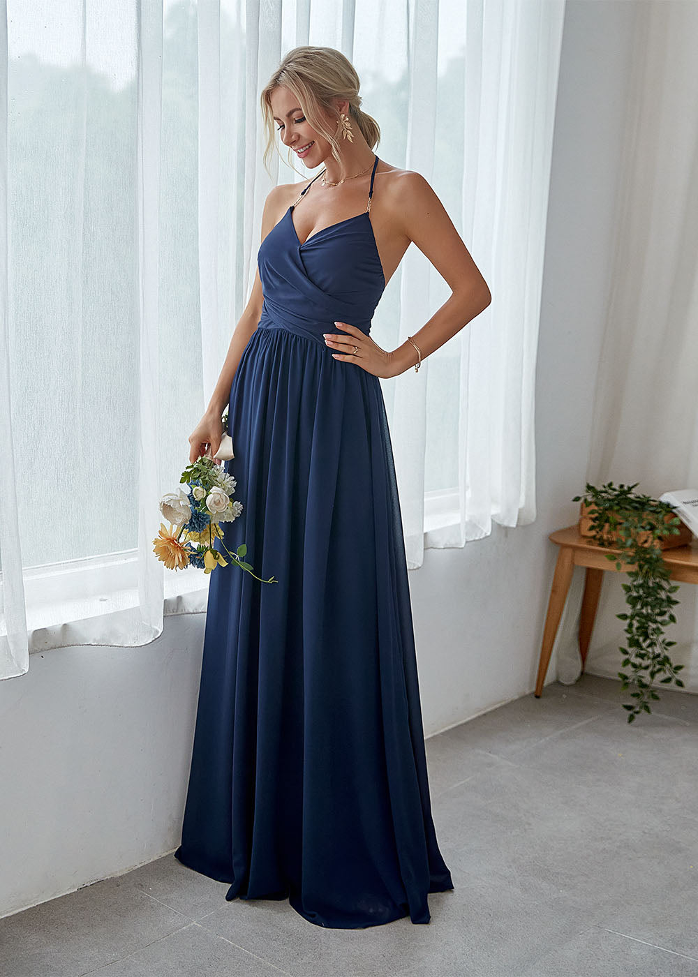 Chiffon V-neck Halter A-line Maxi Dress Bridesmaid Dress