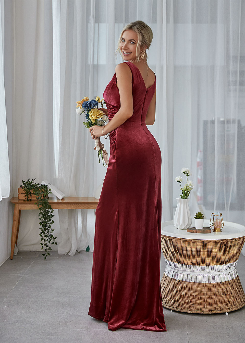 Sheath Long Velvet Bridesmaid Dress