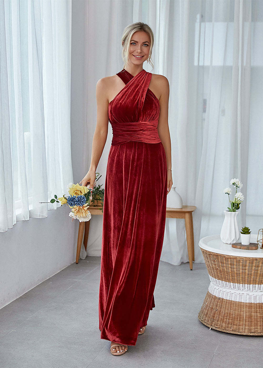 A-line Convertible Velvet Bridesmaid Dress