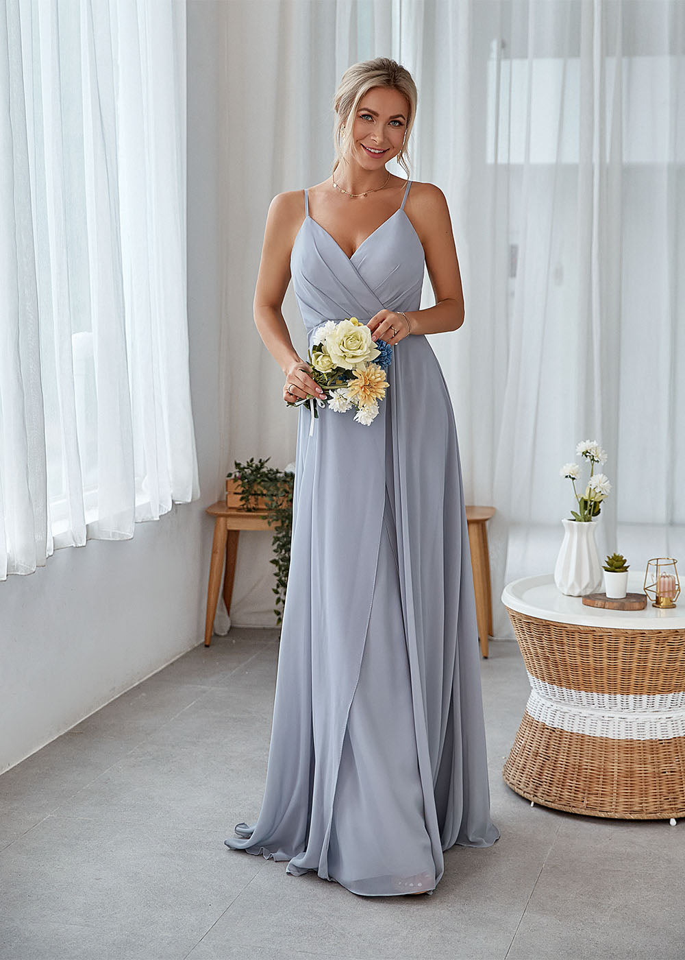 Gray silk deals chiffon bridesmaid dresses