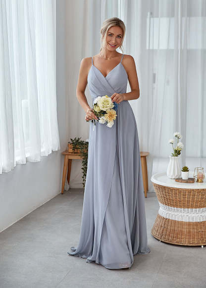 A-line Slip V-neck Long Chiffon Bridesmaid Dress Wedding Party Dress