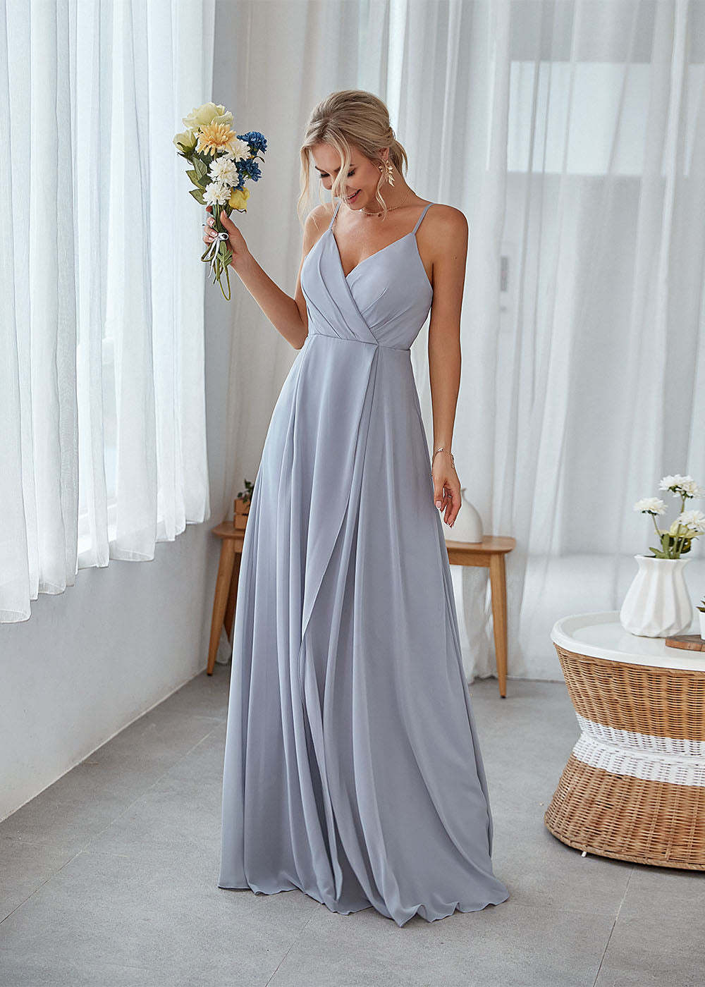 A-line Sleeveless Long Chiffon Bridesmaid Dress