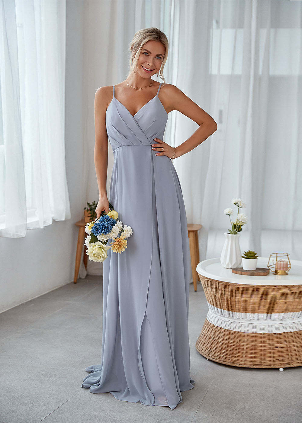 A-line Sleeveless Long Chiffon Bridesmaid Dress