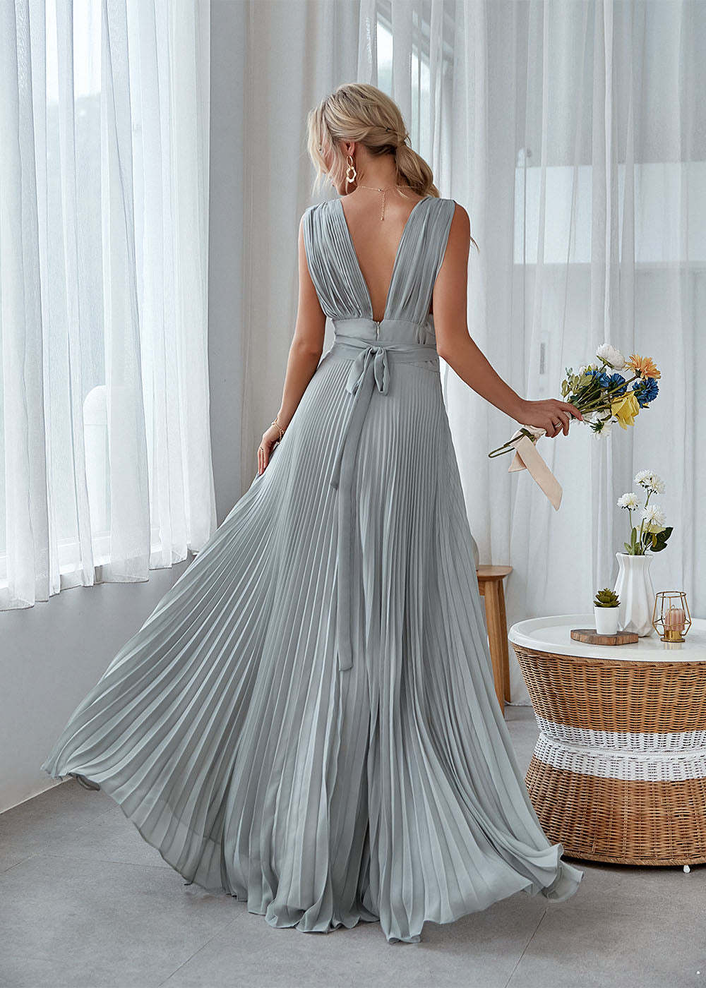 V Back Pleated Bridesmaid Dress