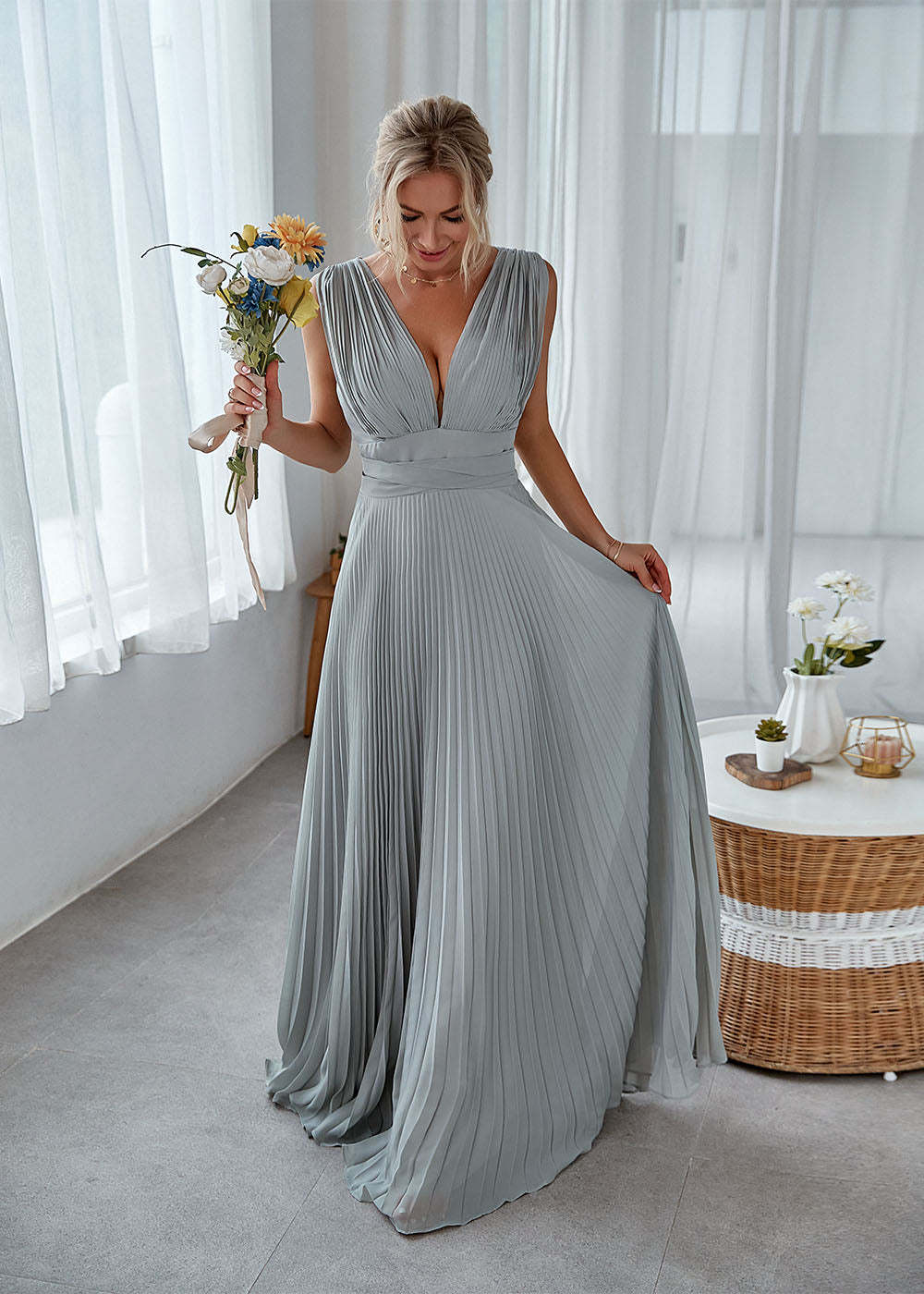 V Back Pleated Bridesmaid Dress