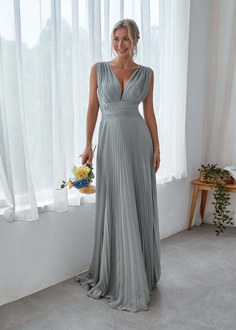 Chiffon V Back Pleated A-line Maxi Bridesmaid Dress
