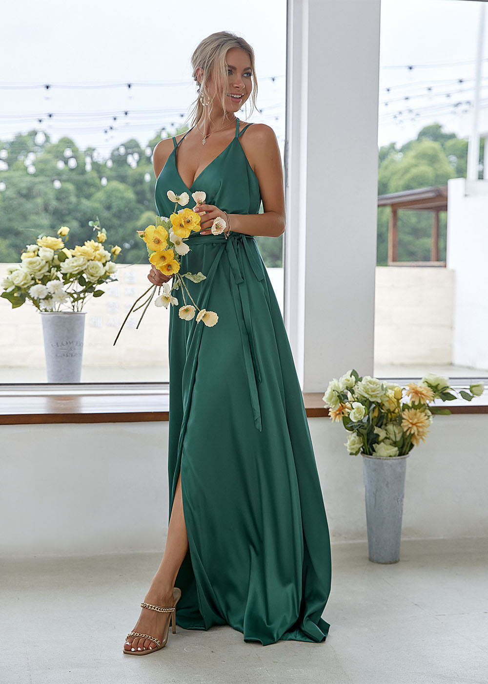 Backless V-neck Side Slit Bridesmaid Dress