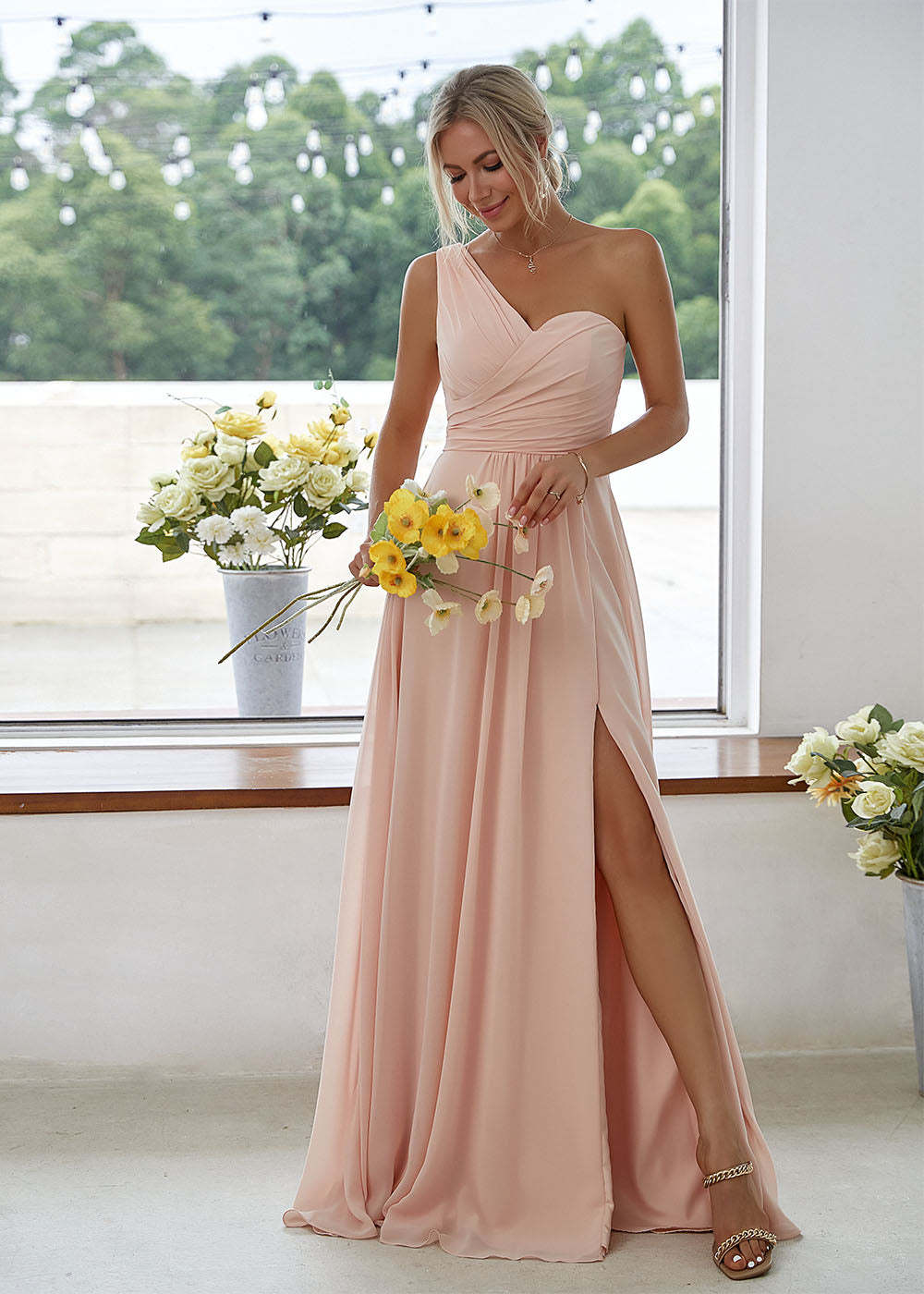 One-Shoulder Side Slit Chiffon A-line Maxi Bridesmaid Dress