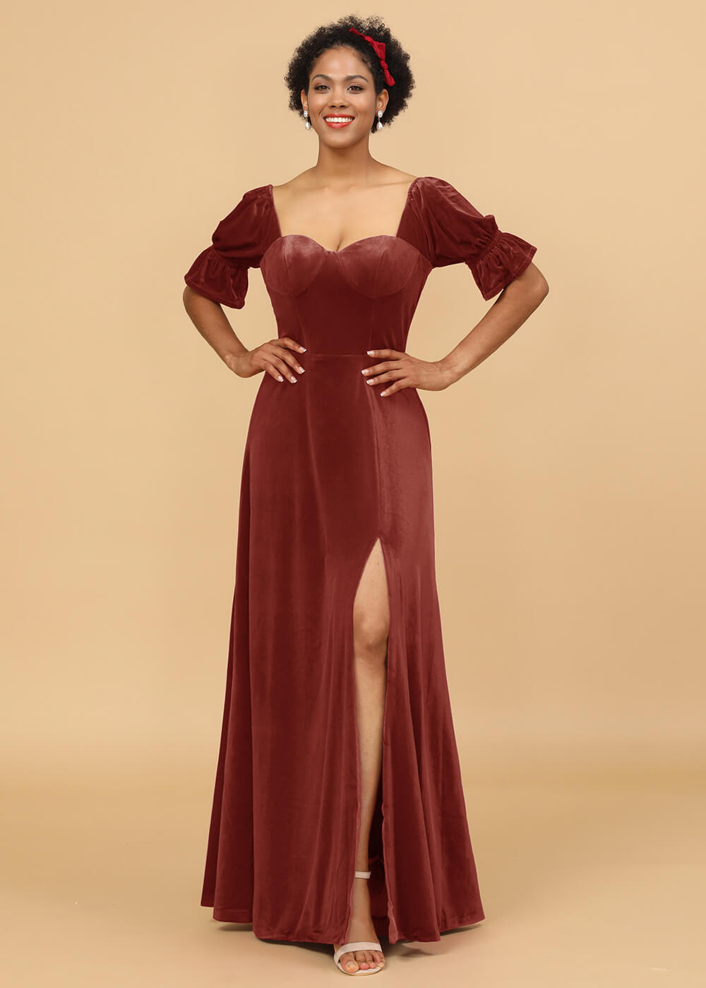 Short Sleeves A-line Velvet Bridesmaid Dress with Sllit