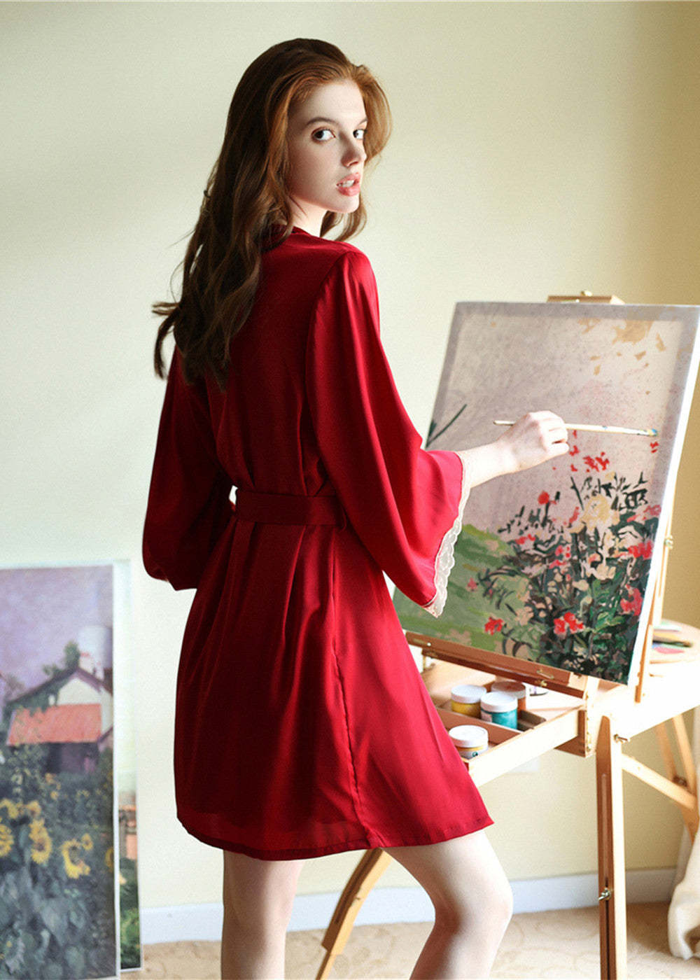 Multi-color  Satin and Lace Bridal Robe Include Slip