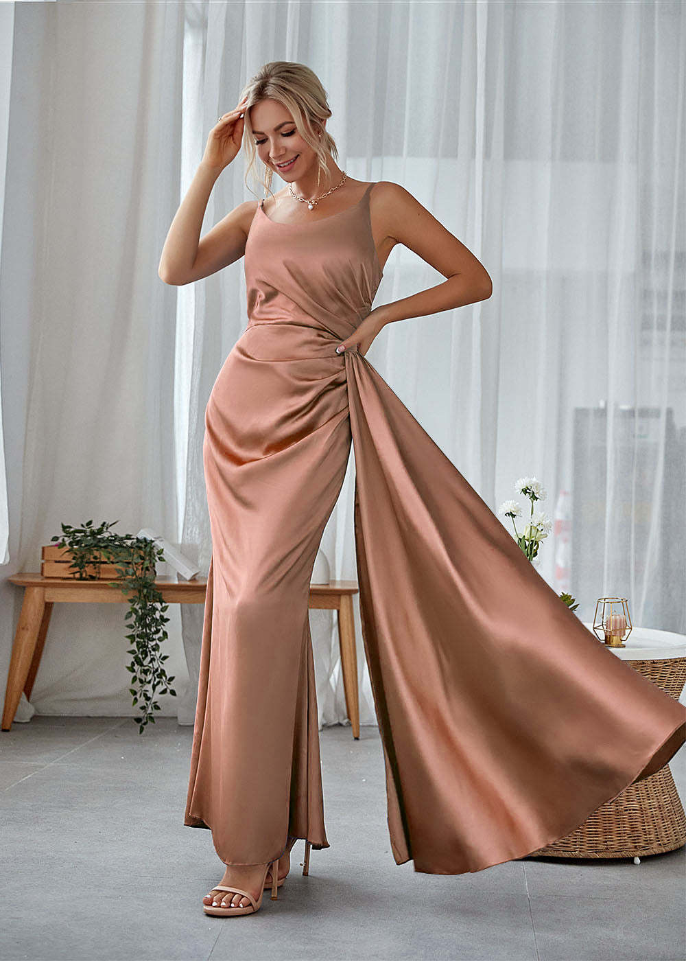 Satin Long Sheath Wedding Party Dress