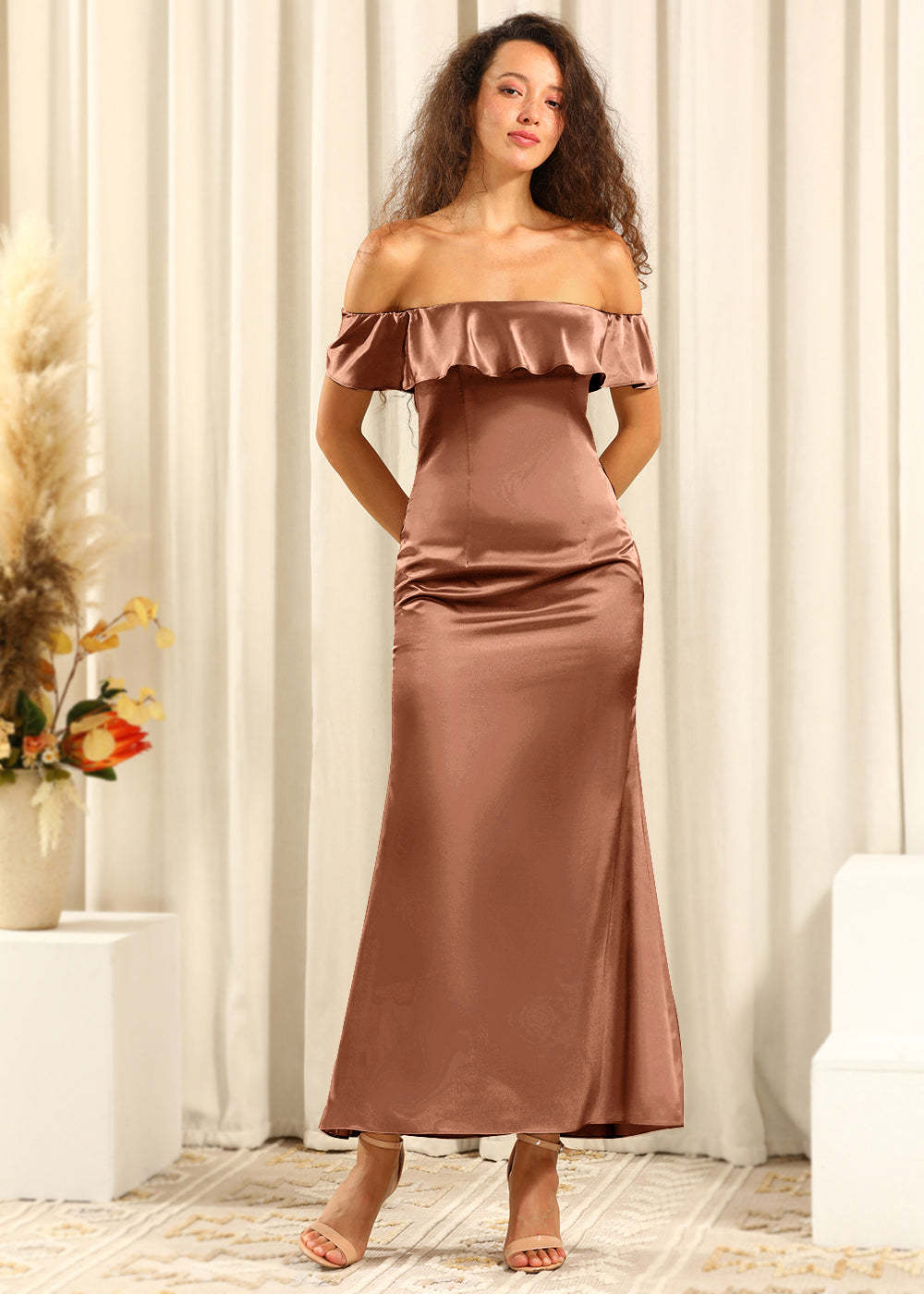 Off The Shoulder Ankle Length Satin Sheath Bridesmaid Dress