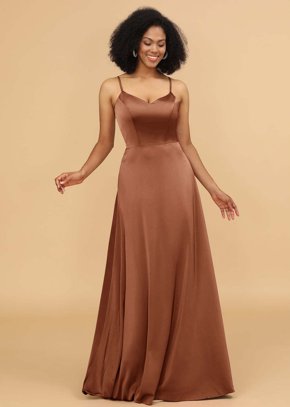 Satin V-neck Spaghetti Strap Bridesmaid Dress