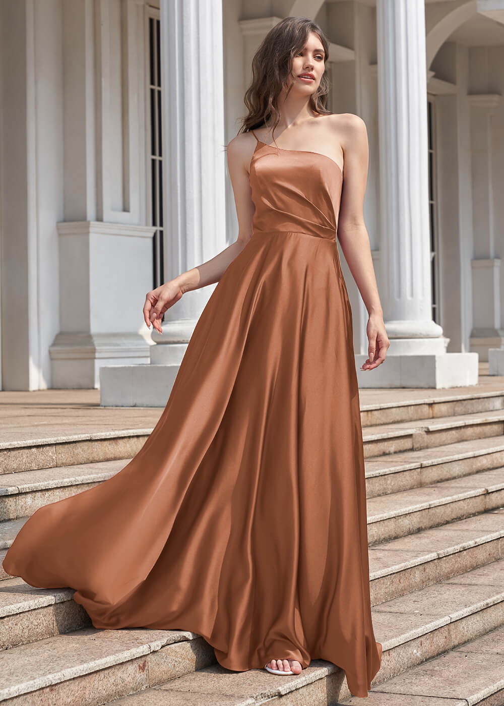 A-line Long One Shoulder Pleated Satin Bridesmaid Dress