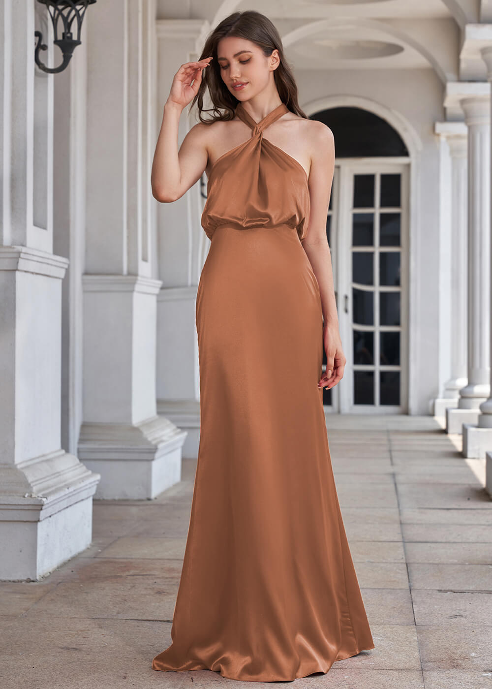 Halter Neck Sheath Satin Floor Length Bridesmaid Dress