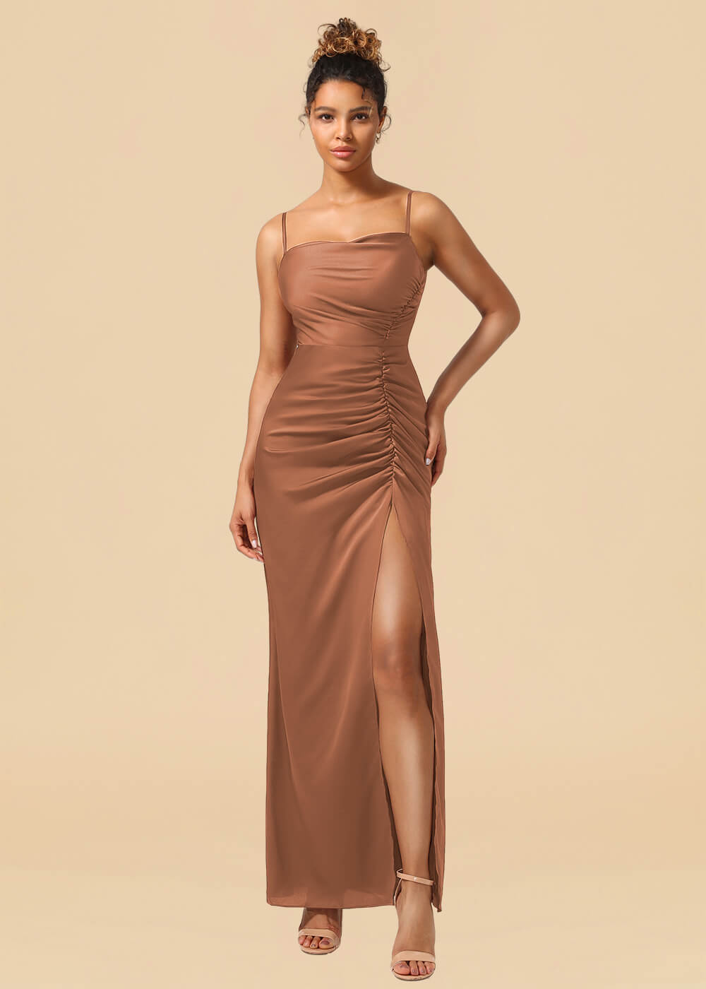Sheath Satin Pleated Adjustable Spaghatti Strap Maxi Bridesmaid Dress